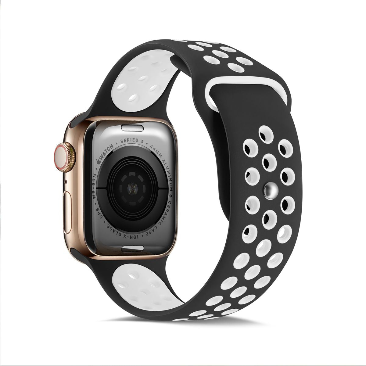 Back view of the black and white Nike Series Silicone Apple Watch Band, showcasing its perforated design for enhanced breathability and comfort.